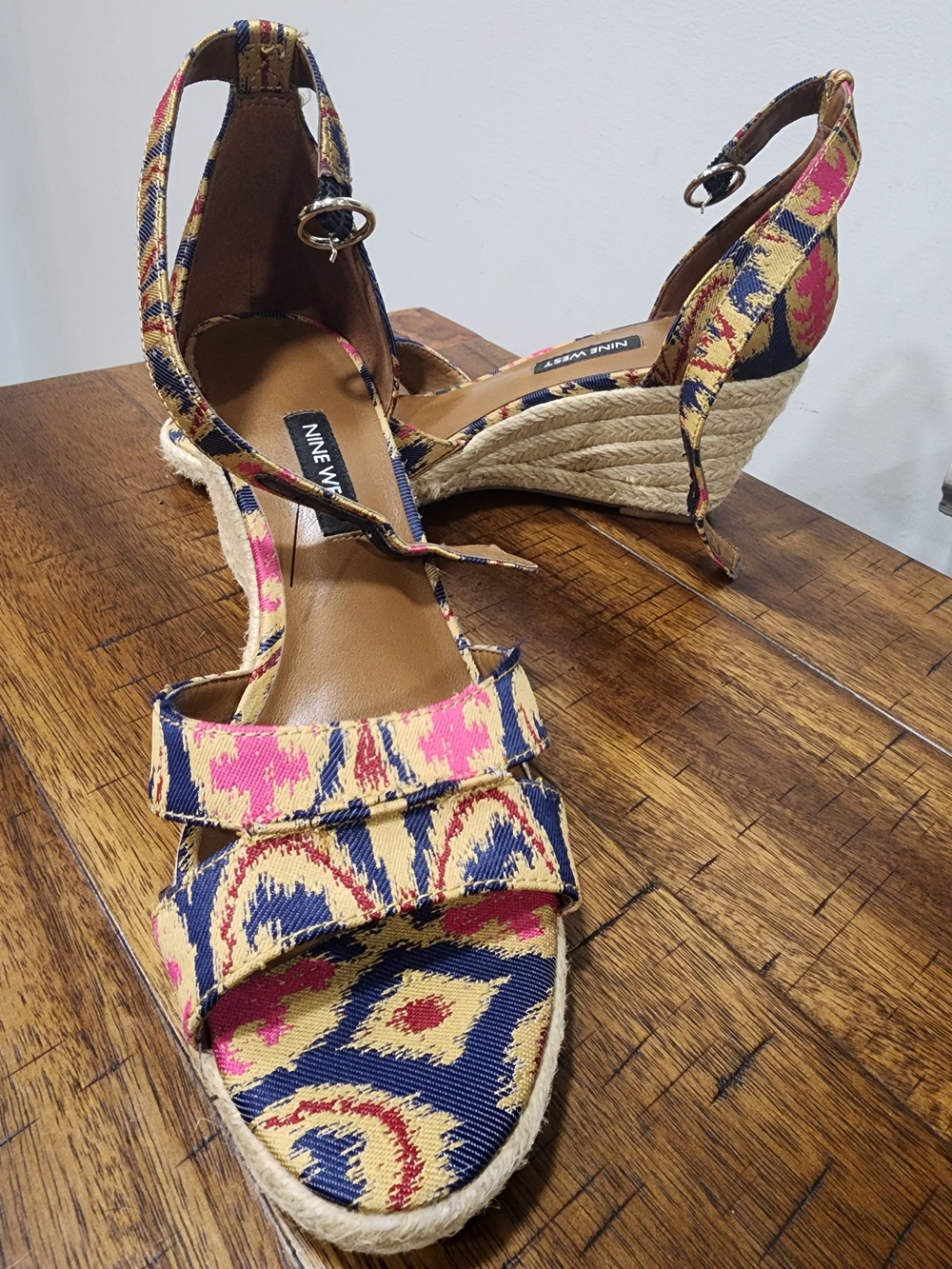 Nine West Pink and Navy Patterned Espadrille Wedges